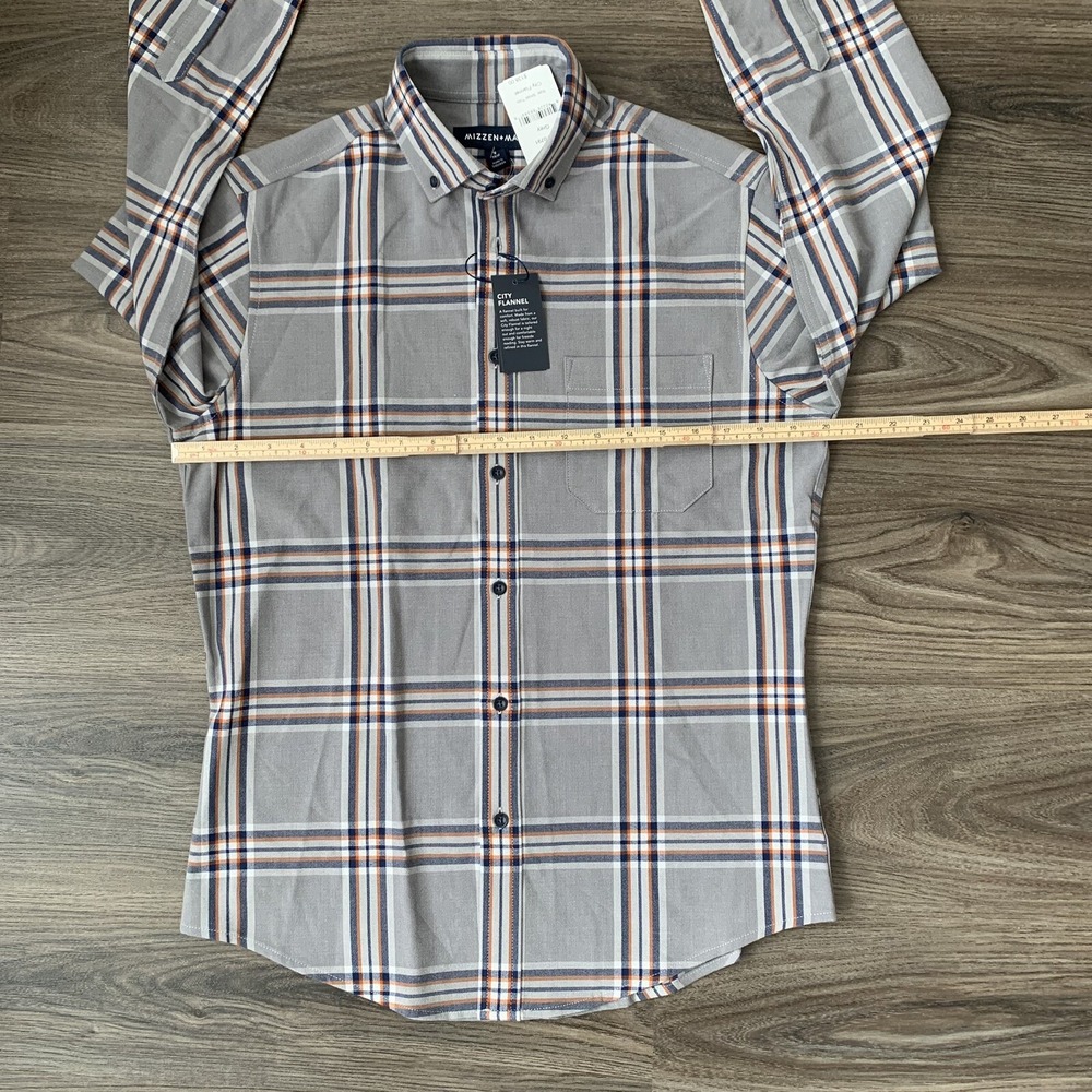Mizzen Main City Flannel Trim Fit Grey Blue Plaid Shirt Mens size Small $138 NEW - Picture 6 of 7